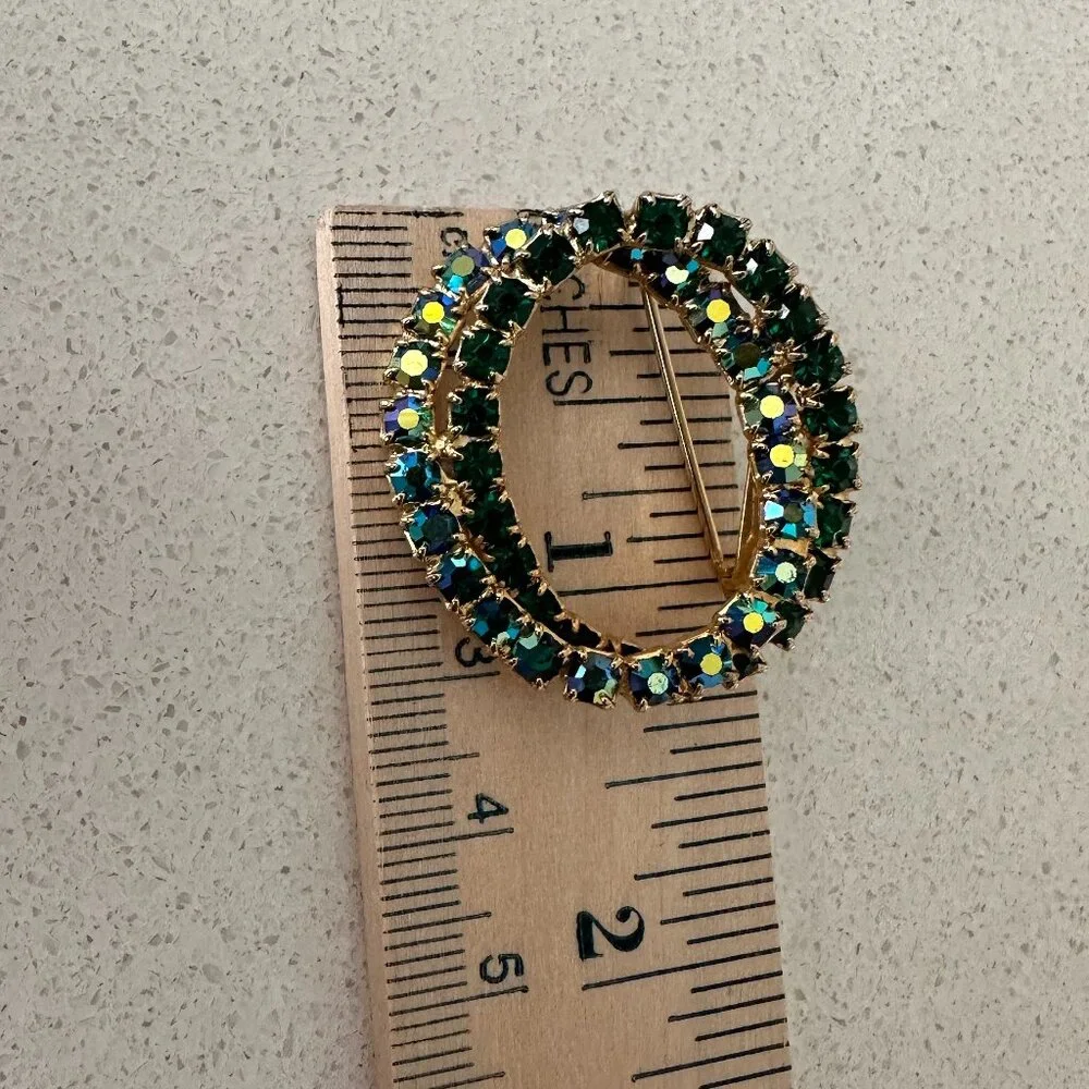 Gold-Tone Green Crystal Double Circle Brooch